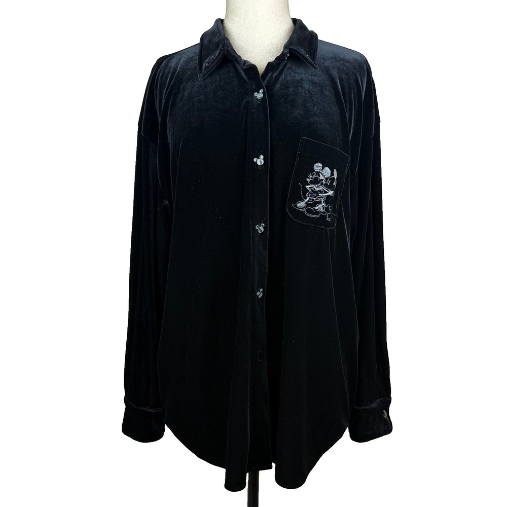 Disney Store Velvet Button Down Women L Black Mickey Mouse Minnie Embroidered